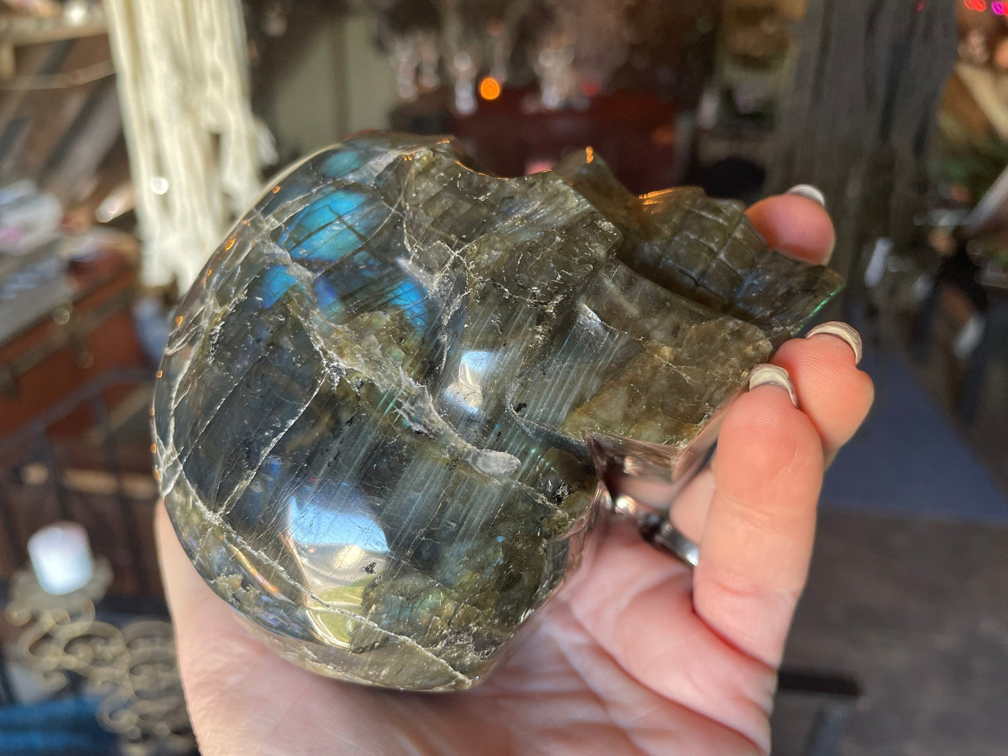 Extra Large Beautiful Flashy Labradorite Skull Polished Carved Genuine Crystal Gemstone