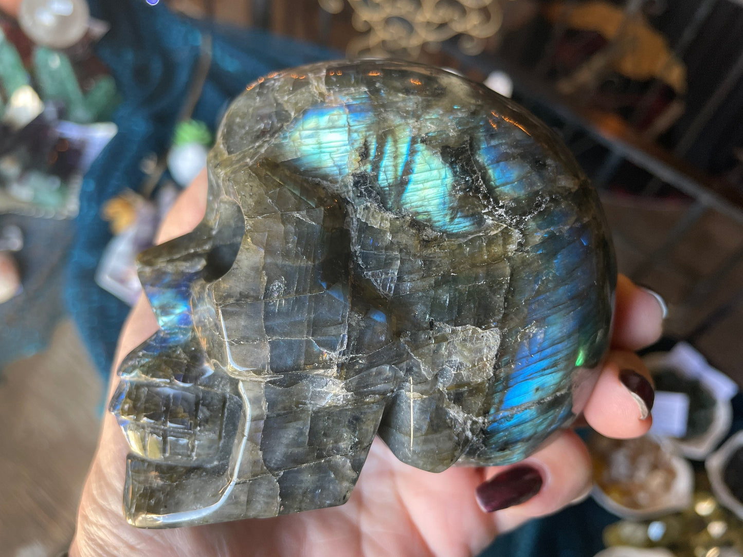 Extra Large Beautiful Flashy Labradorite Skull Polished Carved Genuine Crystal Gemstone