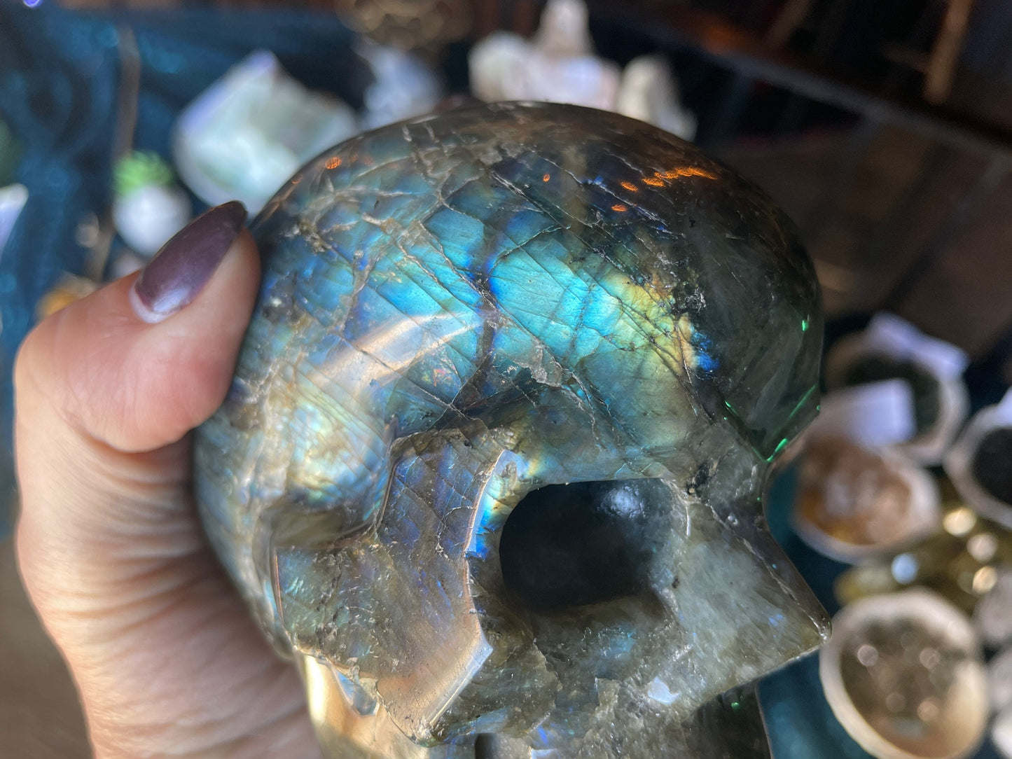 Extra Large Beautiful Flashy Labradorite Skull Polished Carved Genuine Crystal Gemstone