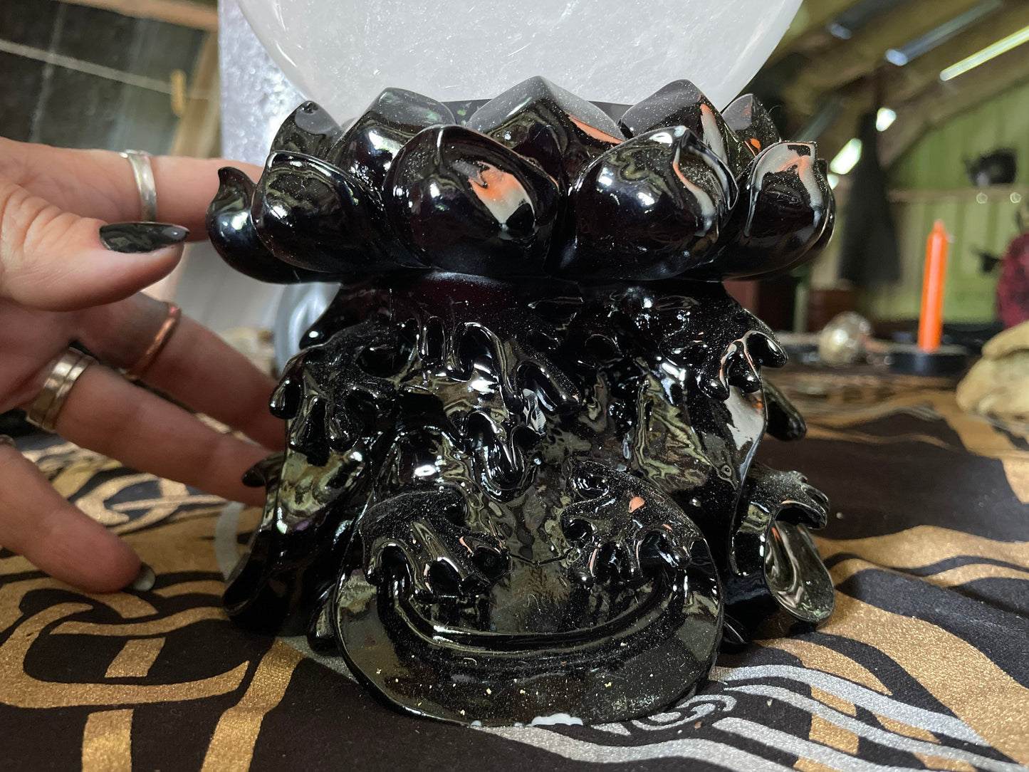 Large Lotus Sphere Stands Goth Black Victorian Crystal Ball Holder