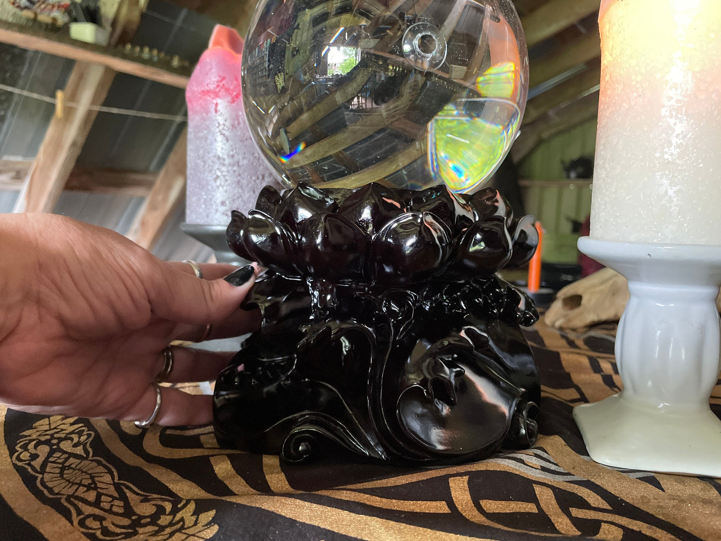 Large Lotus Sphere Stands Goth Black Victorian Crystal Ball Holder