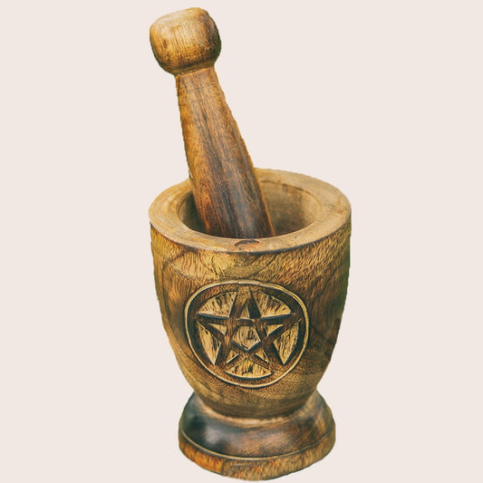 Wooden Mortar & Pestle with engraved Pentacle