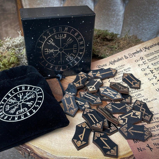 Wooden Viking Runes with Velvet Bag, Box & Guide