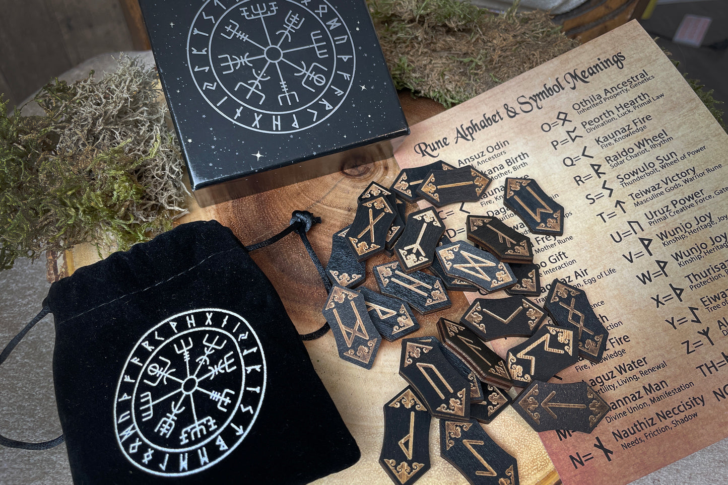 Wooden Viking Runes with Velvet Bag, Box & Guide