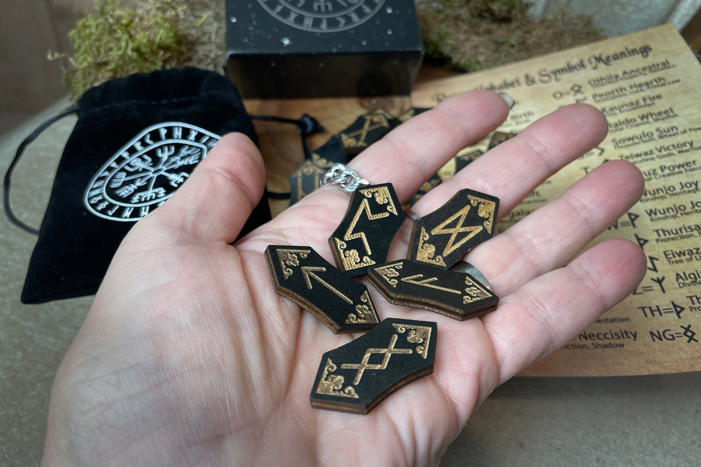 Wooden Viking Runes with Velvet Bag, Box & Guide