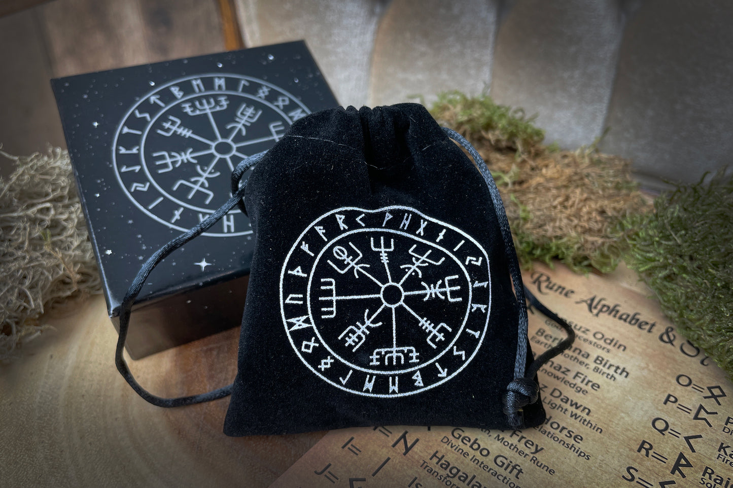 Wooden Viking Runes with Velvet Bag, Box & Guide