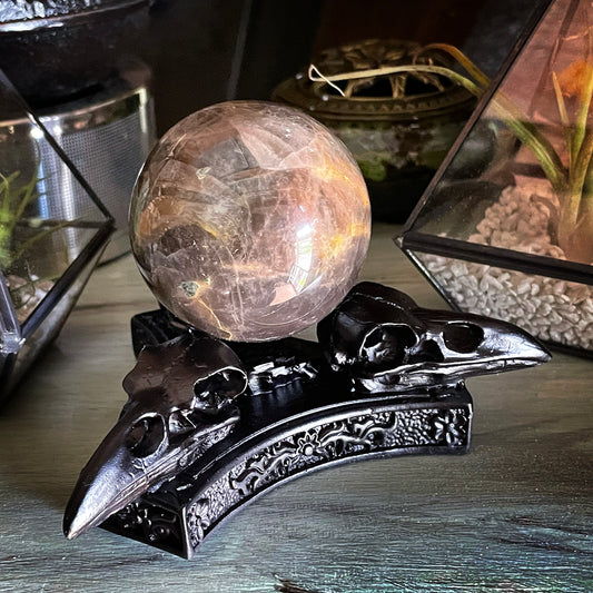 Black Moonstone Sphere - includes Raven Stand