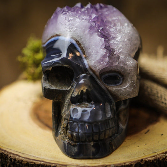 Large Crystal Amethyst Geode Skull