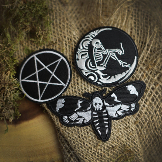 Pentacle or Pentagram Patch skeleton on the Moon Death Moth