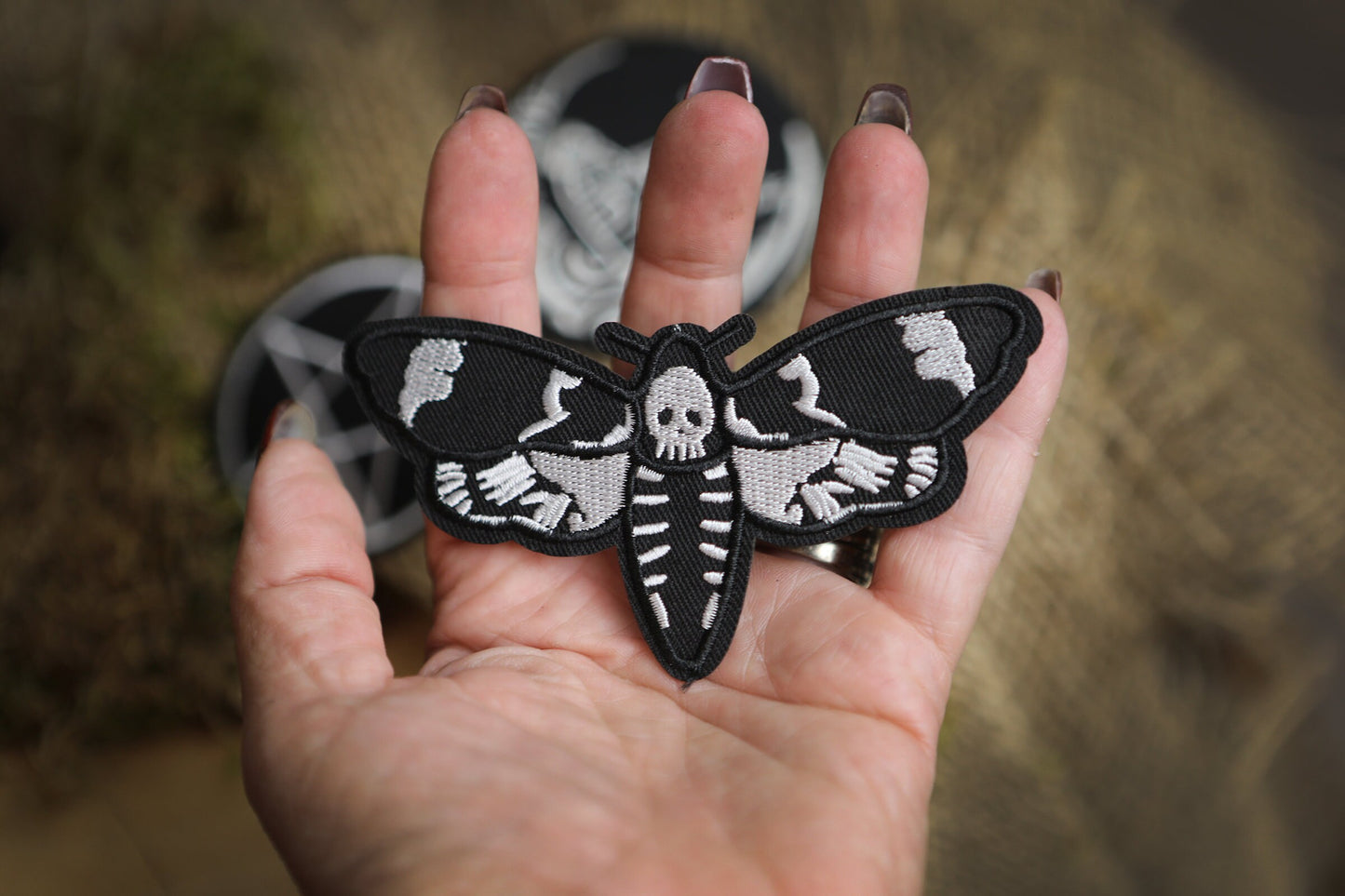 Pentacle or Pentagram Patch skeleton on the Moon Death Moth