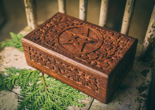 Wooden Hand Carved Box with Pentacle Altar Tools Witchy Storage