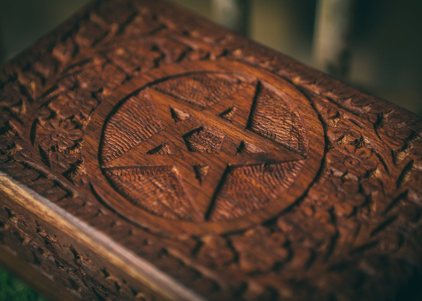 Wooden Hand Carved Box with Pentacle Altar Tools Witchy Storage