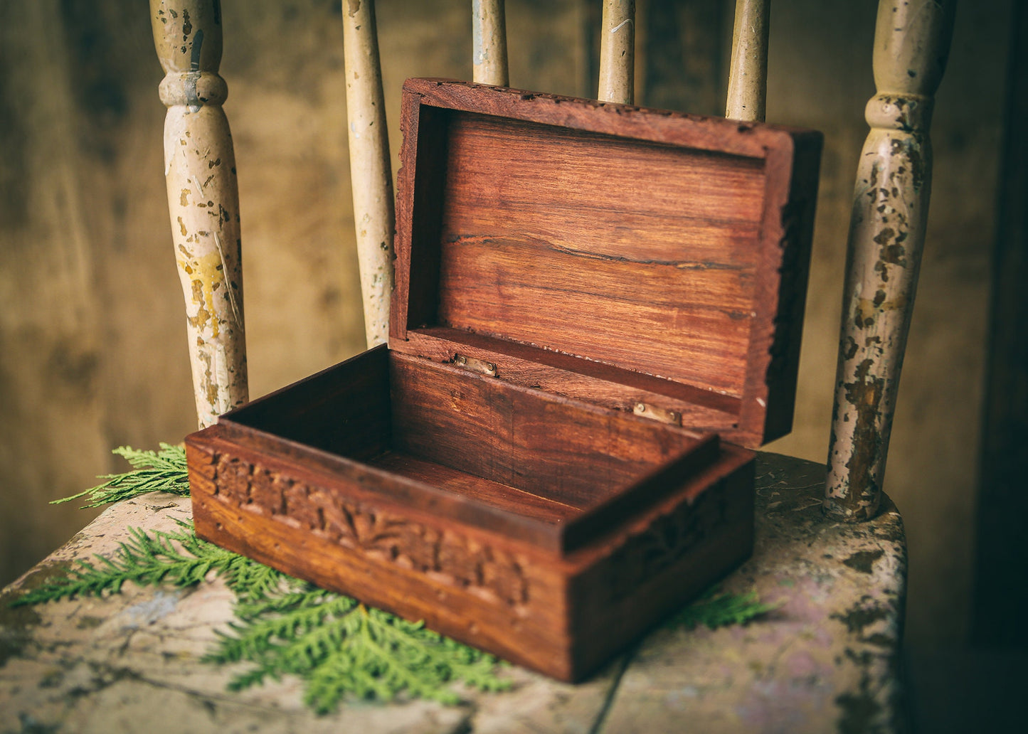 Wooden Hand Carved Box with Pentacle Altar Tools Witchy Storage