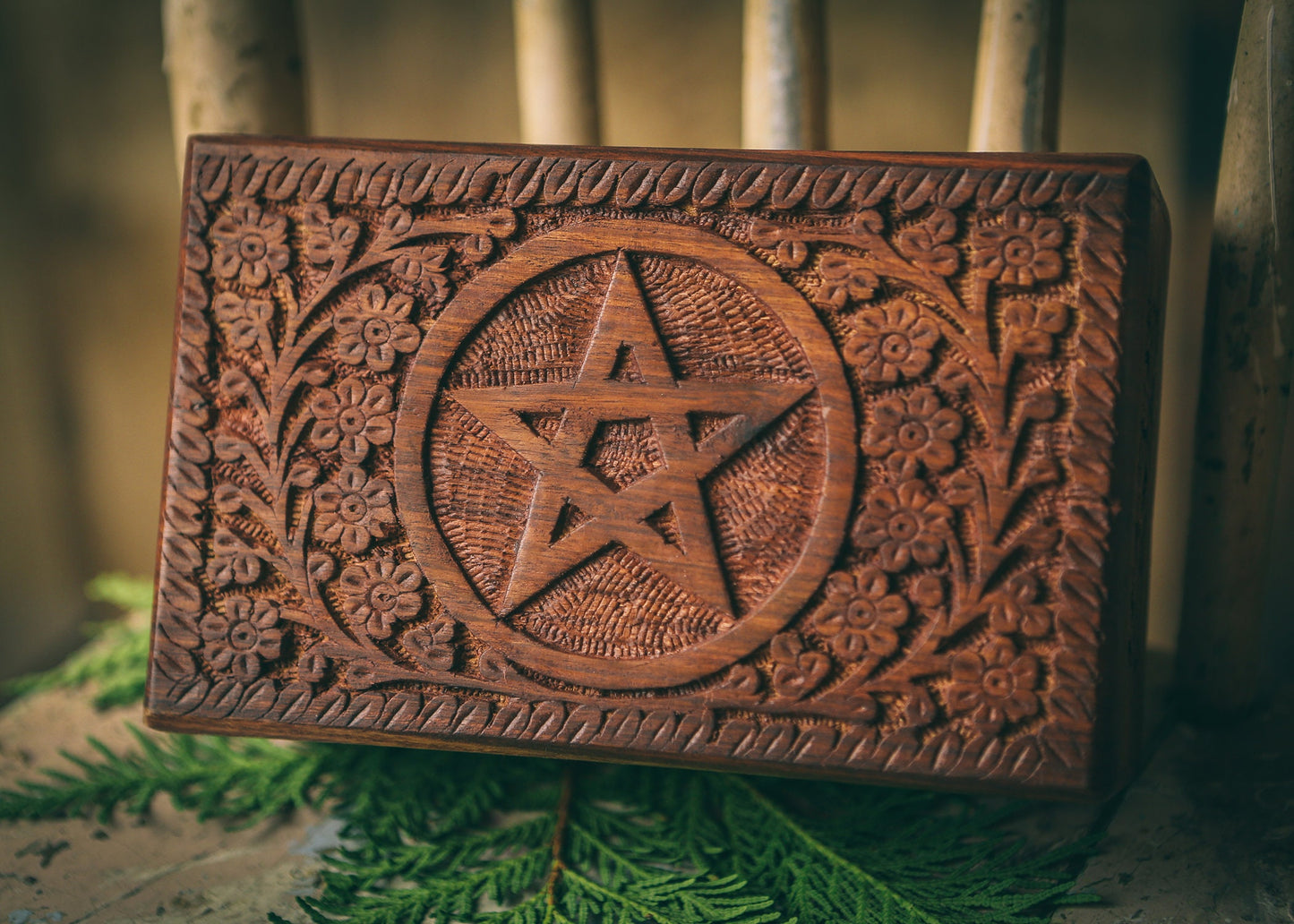 Wooden Hand Carved Box with Pentacle Altar Tools Witchy Storage