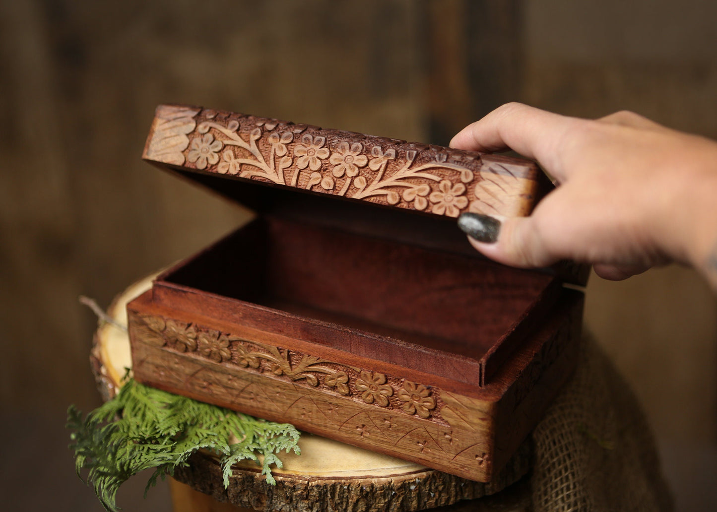 Wooden Hand Carved Box with Triquestra Altar Tools Witchy Storage