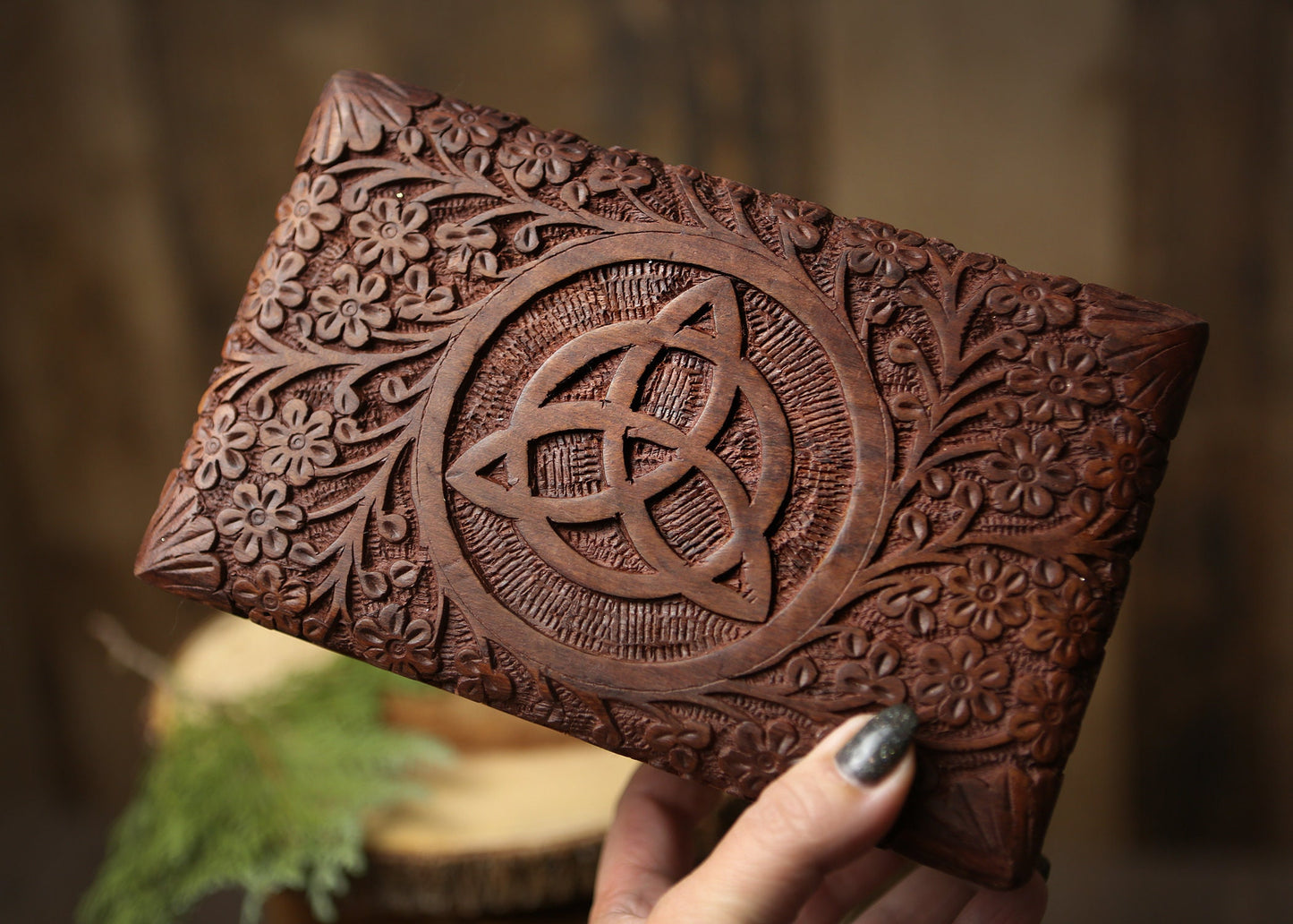 Wooden Hand Carved Box with Triquestra Altar Tools Witchy Storage