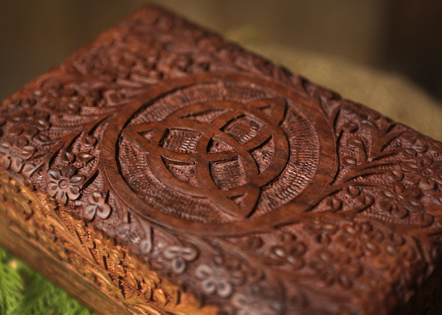 Wooden Hand Carved Box with Triquestra Altar Tools Witchy Storage