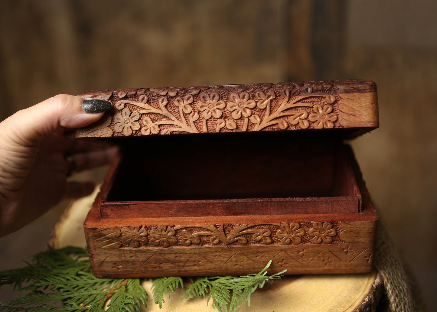 Wooden Hand Carved Box with Triquestra Altar Tools Witchy Storage