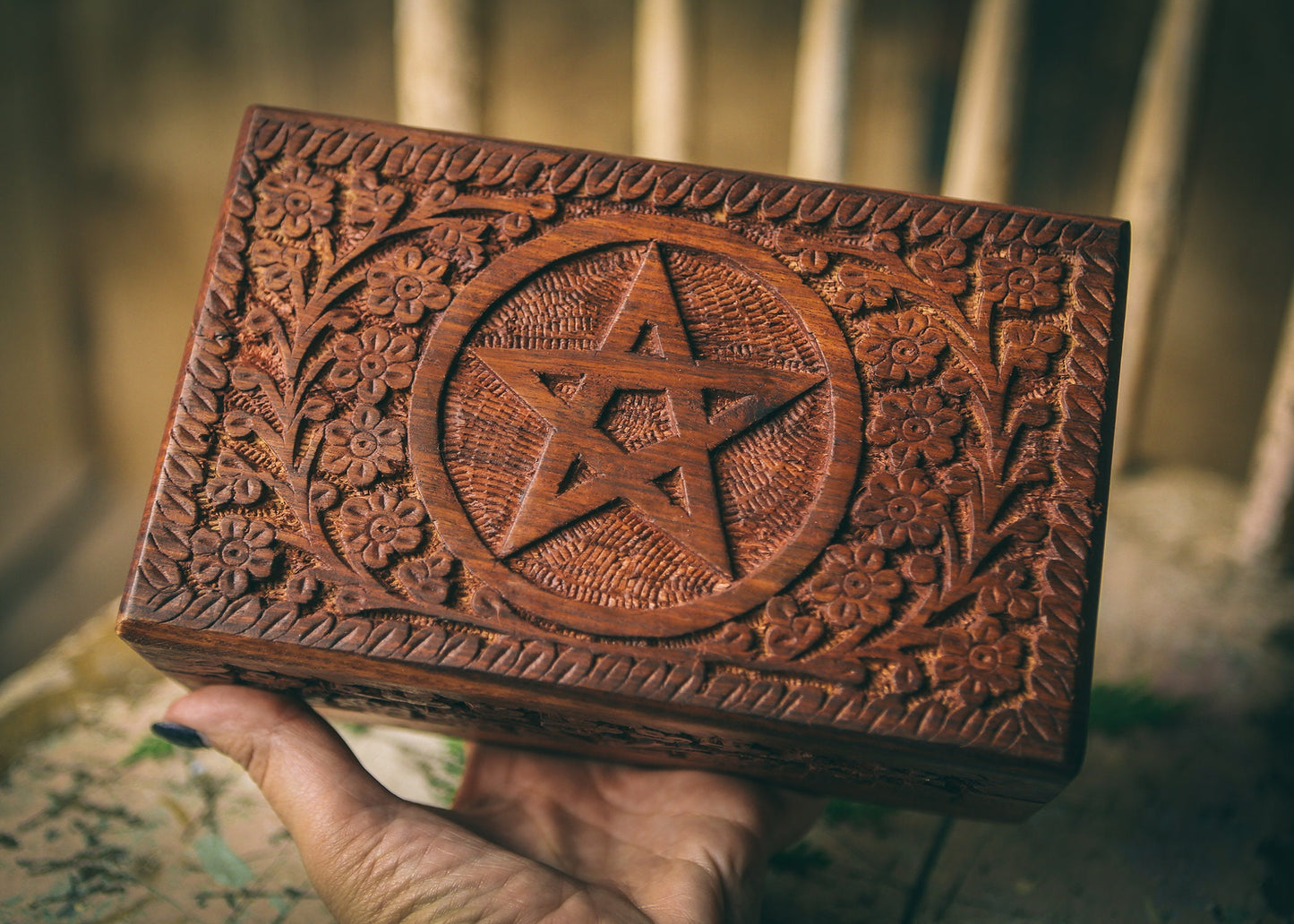 Wooden Hand Carved Box with Pentacle Altar Tools Witchy Storage