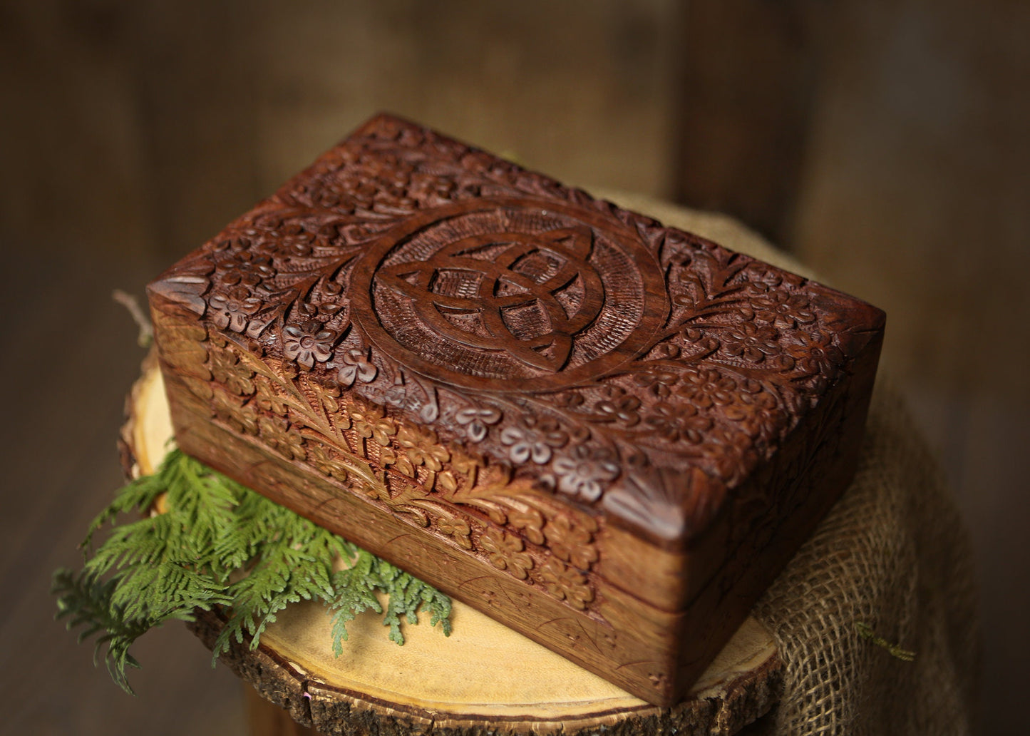 Wooden Hand Carved Box with Triquestra Altar Tools Witchy Storage