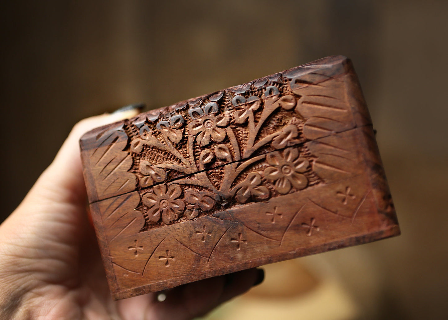 Wooden Hand Carved Box with Triquestra Altar Tools Witchy Storage