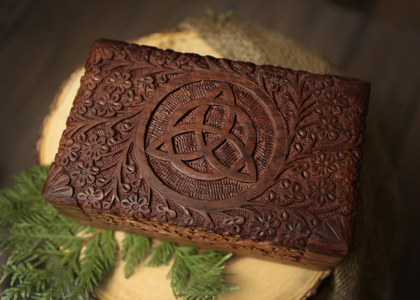 Wooden Hand Carved Box with Triquestra Altar Tools Witchy Storage