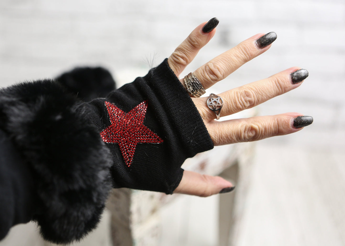 Blingy Red Star Fingerless Gloves