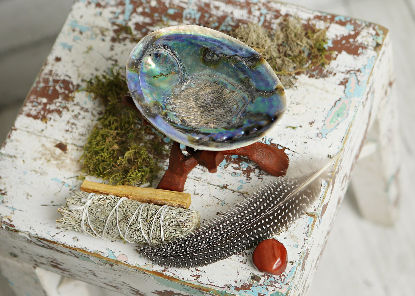 Smudge Kit Palo Santo and Sage Add a Stand if you want, Choose your shell Spotted feather included