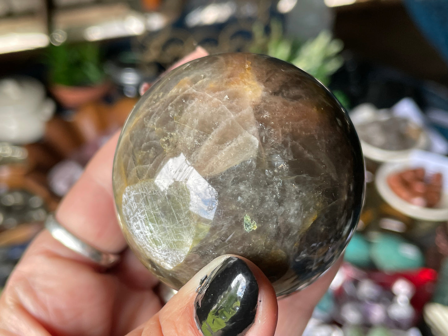 Black Moonstone Sphere - includes Raven Stand