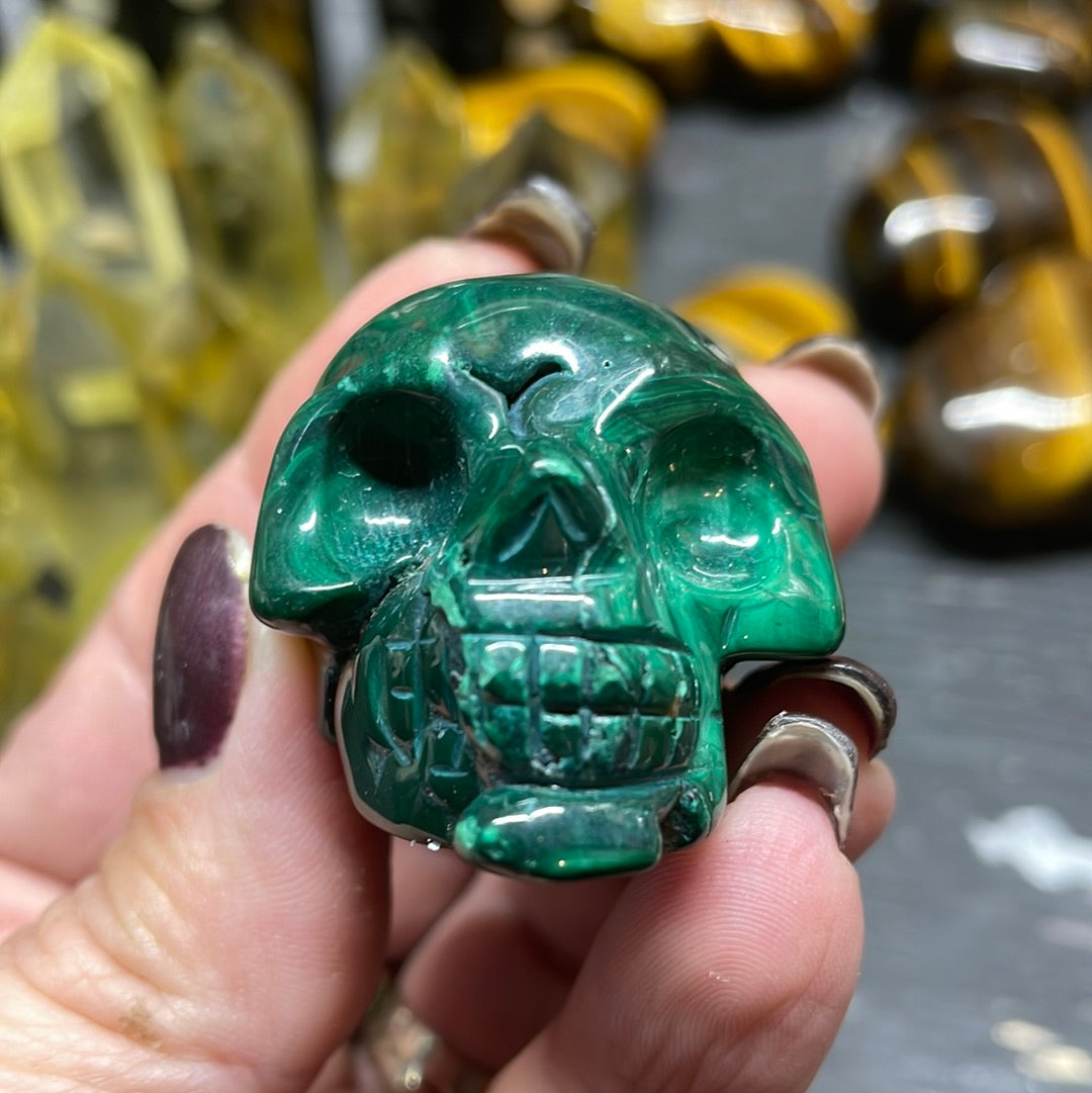 Malachite Skull Polished Carved 1.5 inch