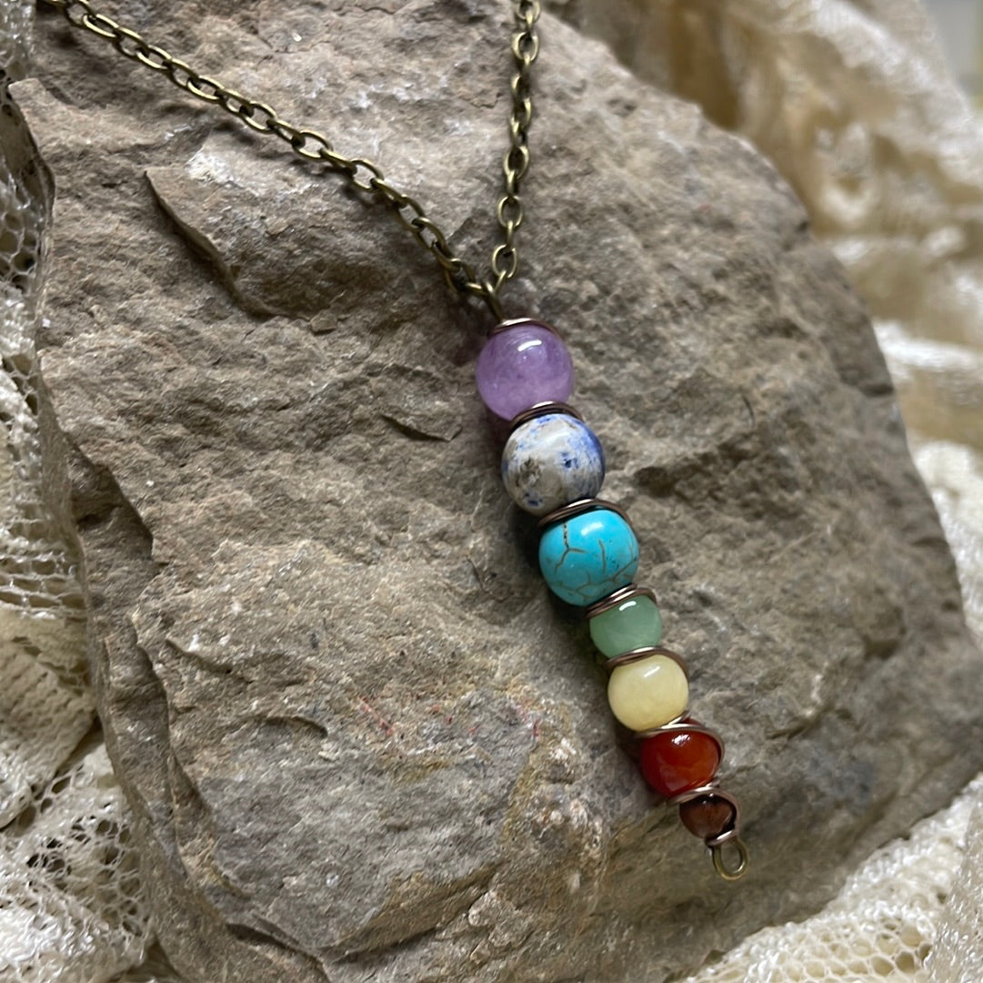 7 Chakra Gemstone Pendant Necklace with Brass Chain