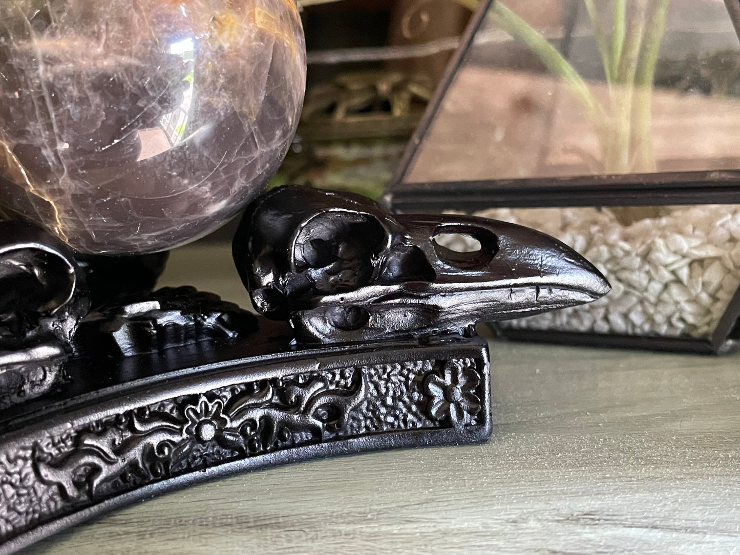 Black Moonstone Sphere - includes Raven Stand