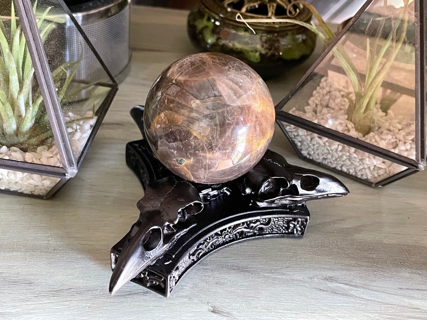 Black Moonstone Sphere - includes Raven Stand