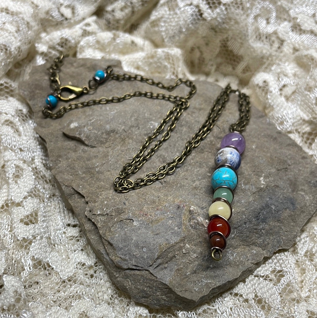 7 Chakra Gemstone Pendant Necklace with Brass Chain