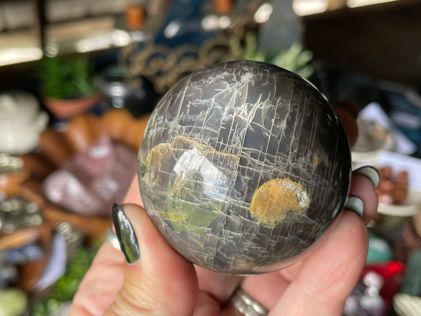 Black Moonstone Sphere - includes Raven Stand