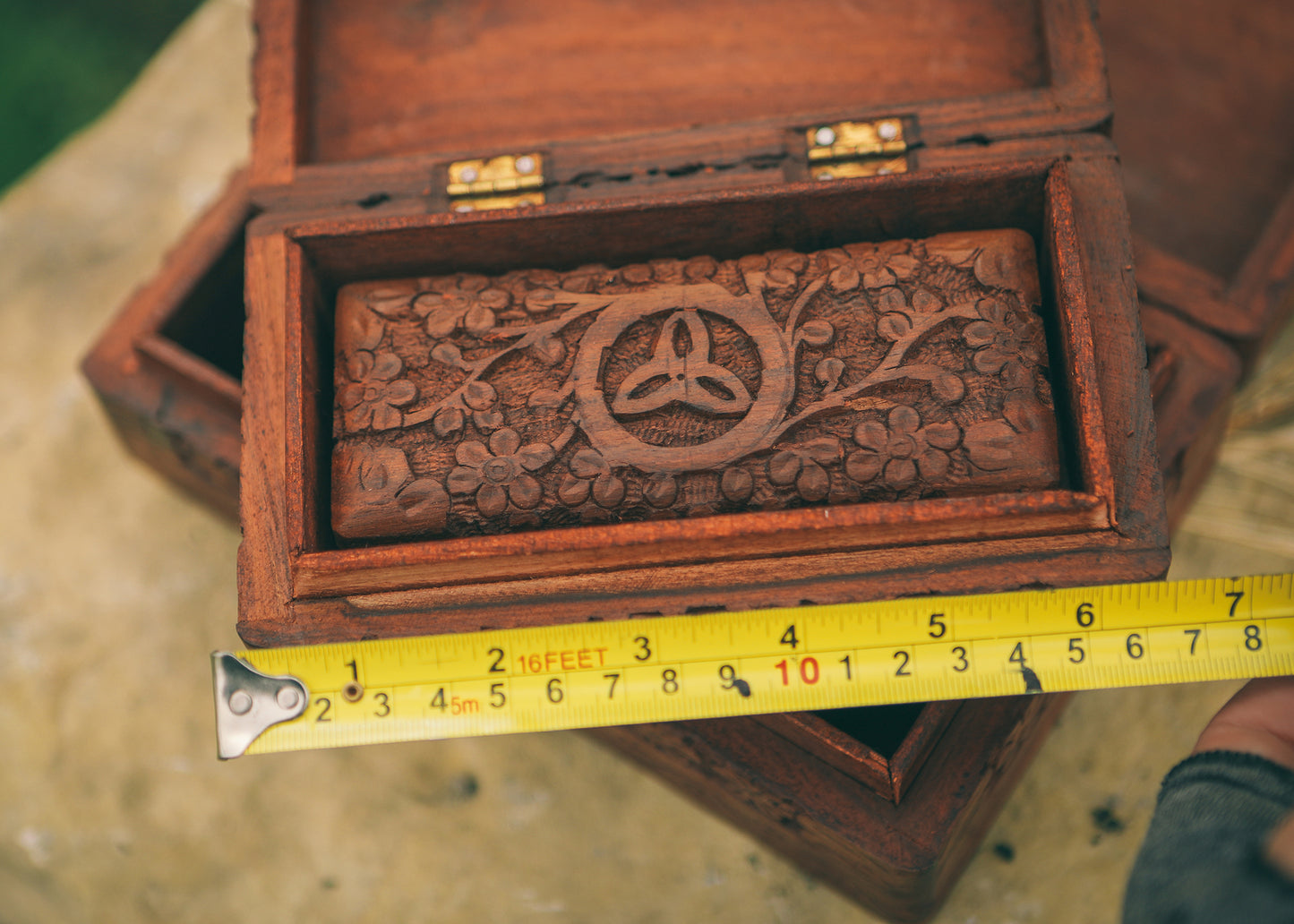 Wooden Hand Carved Box with Triquestra Altar Tools Witchy Storage
